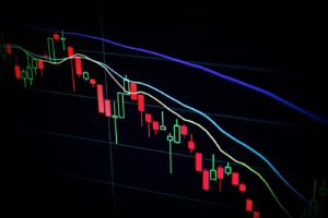 Institutional trading desk with market data monitors